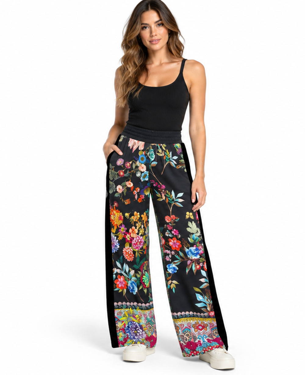 Johnny Was Floral Wide Leg Pants XS Stretch Multicolor Boho Hippie Artsy Resort